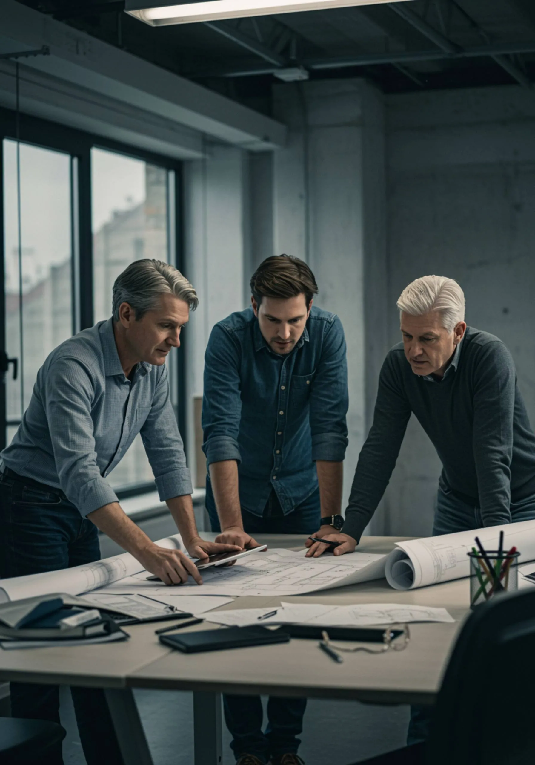"Profesionales blancos colaborando en una oficina moderna, analizando planos arquitectónicos y una tablet en un ambiente de trabajo enfocado."