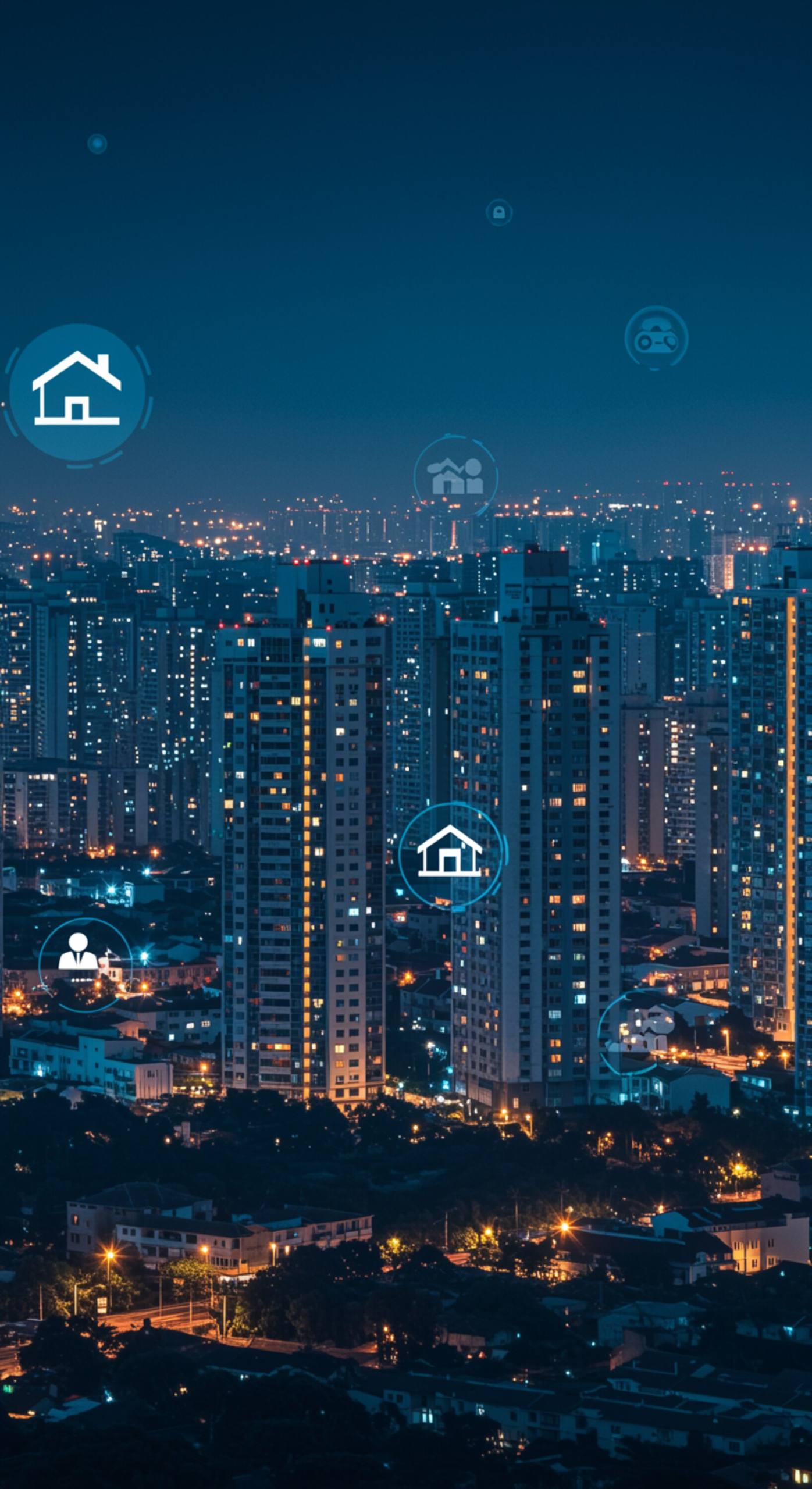 "Panorámica del horizonte urbano al atardecer con apartamentos iluminados y diseño elegante en tonos azules y dorados, ideal para gestión de propiedades."