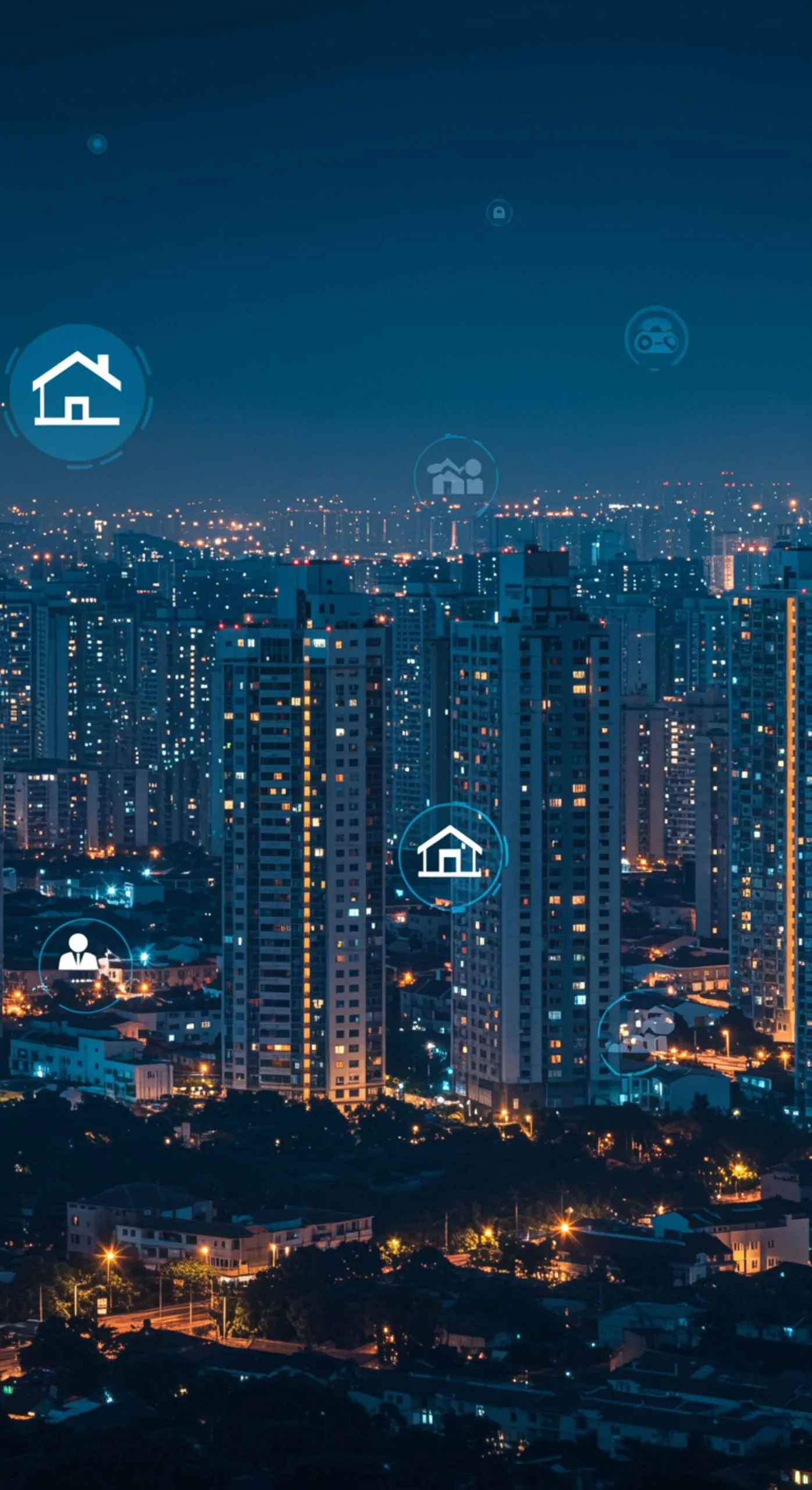 imagen17 "Panorámica del horizonte urbano al atardecer con apartamentos iluminados y diseño elegante en tonos azules y dorados, ideal para gestión de propiedades."