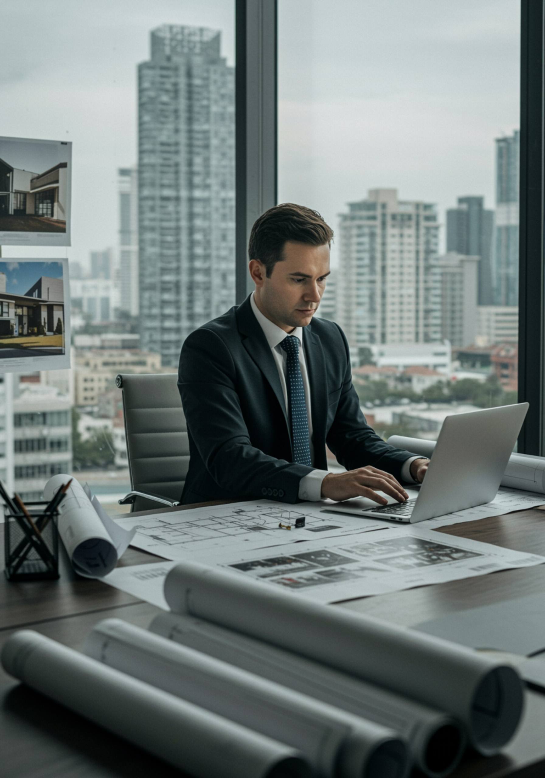 "Gerente inmobiliario blanco revisando portafolios en una oficina moderna con planos arquitectónicos y vista de la ciudad."