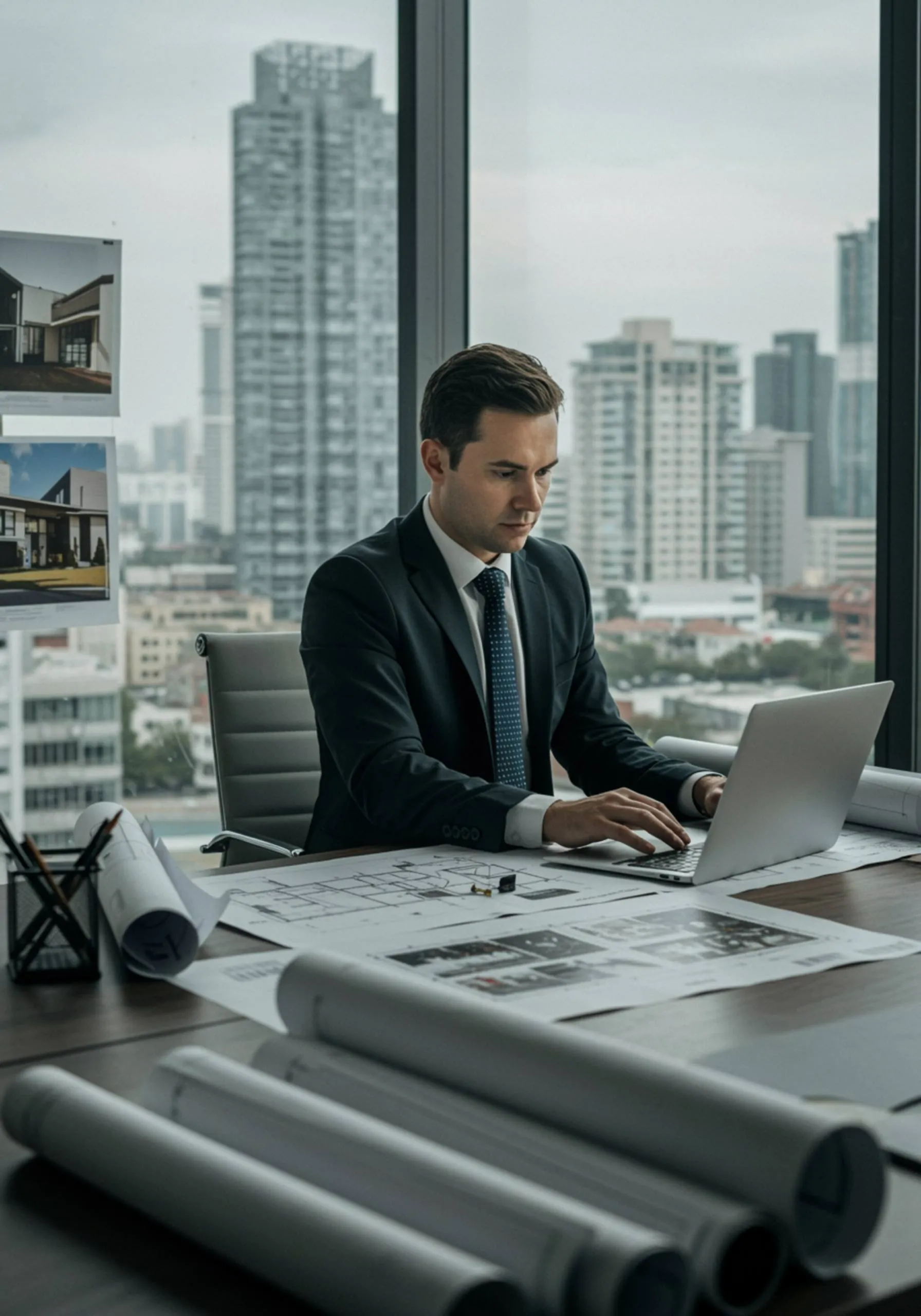 imagen21 "Gerente inmobiliario blanco revisando portafolios en una oficina moderna con planos arquitectónicos y vista de la ciudad."