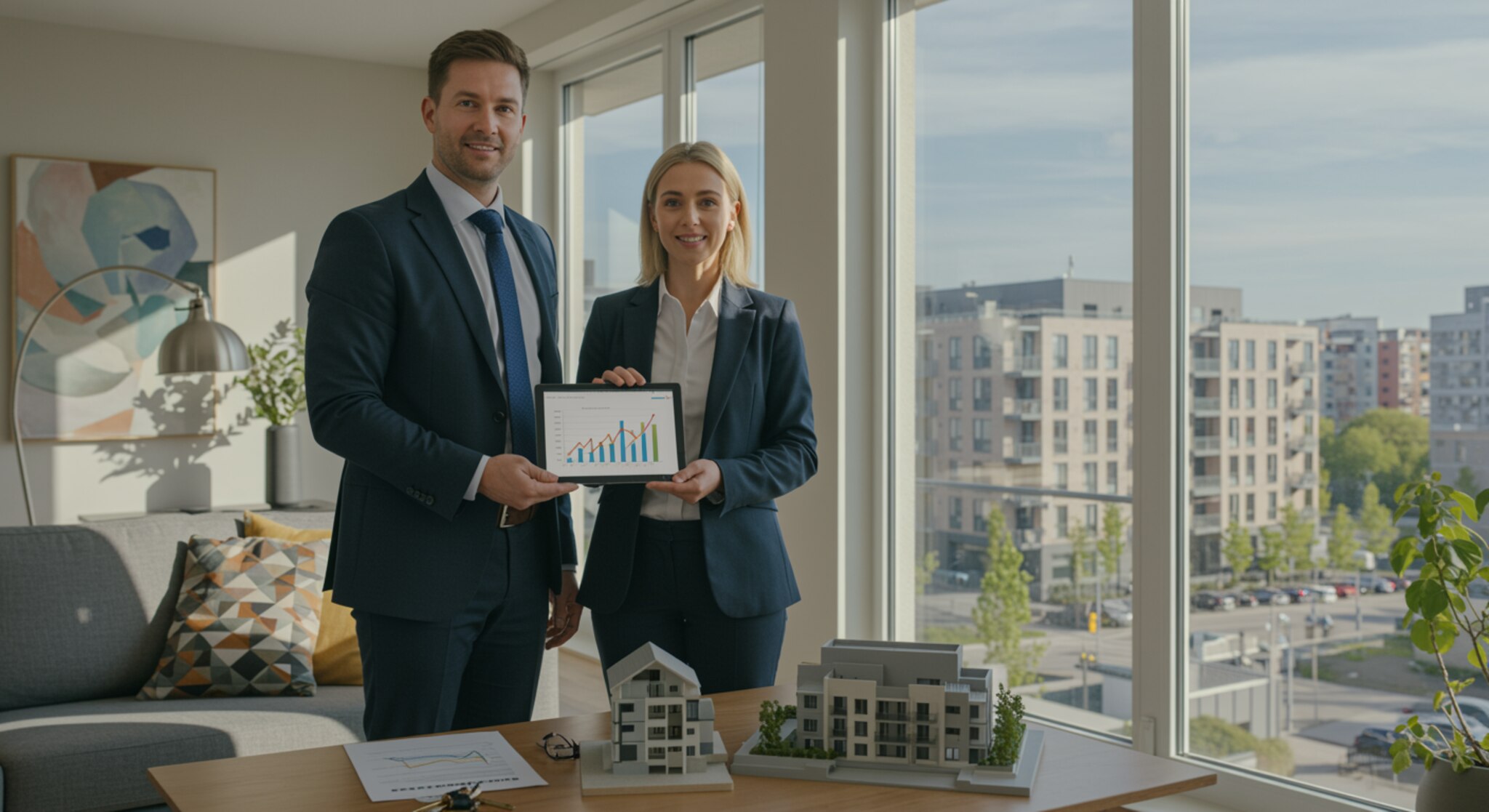 "Gestores de propiedades profesionales en un moderno salón de apartamento, mostrando gráficos de rendimiento de alquiler en una tablet, simbolizando confianza y optimización de activos inmobiliarios."