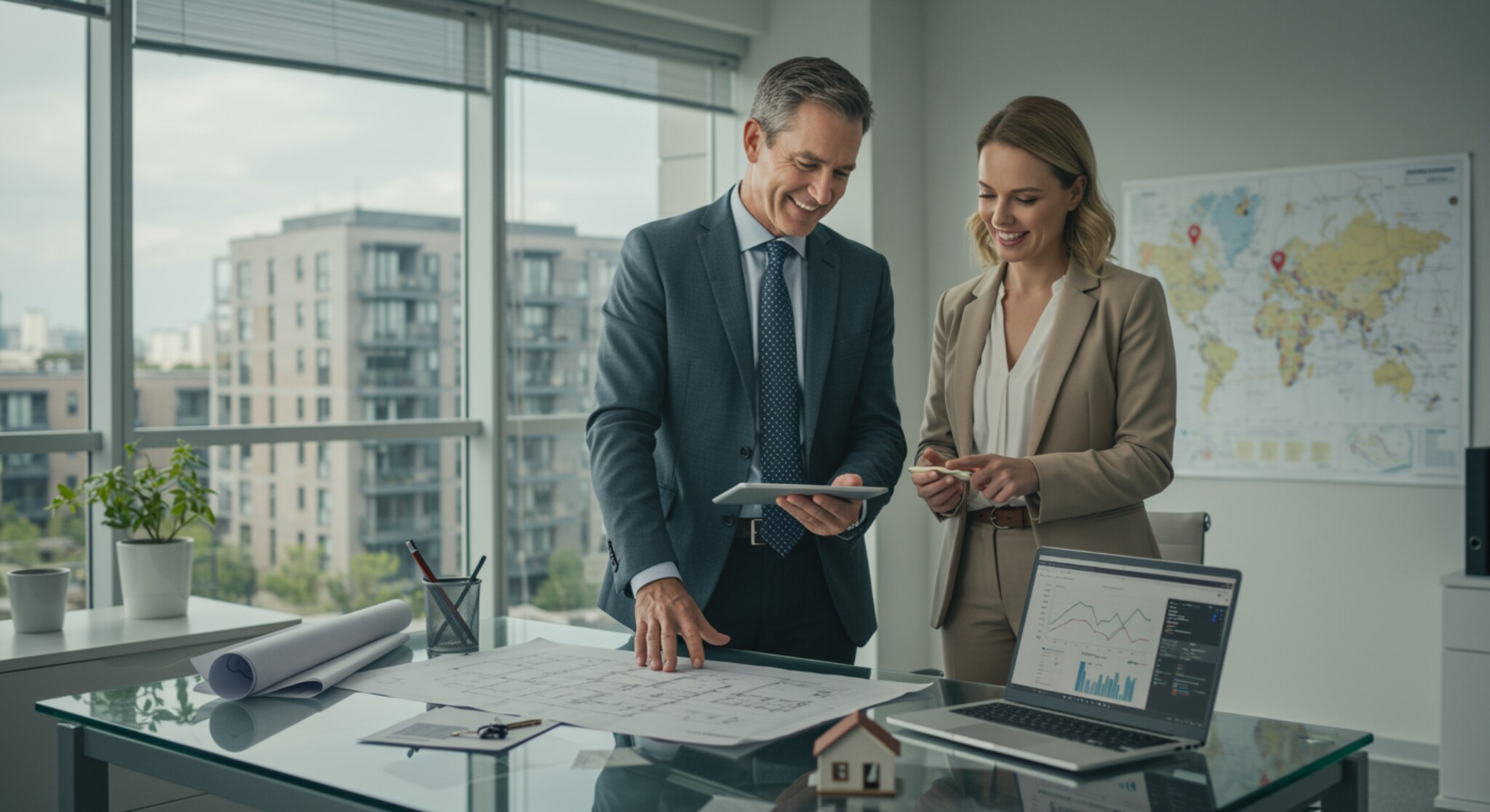 "Ilustración digital de profesionales en gestión inmobiliaria en oficina moderna, destacando confianza y servicio personalizado en un ambiente luminoso."
