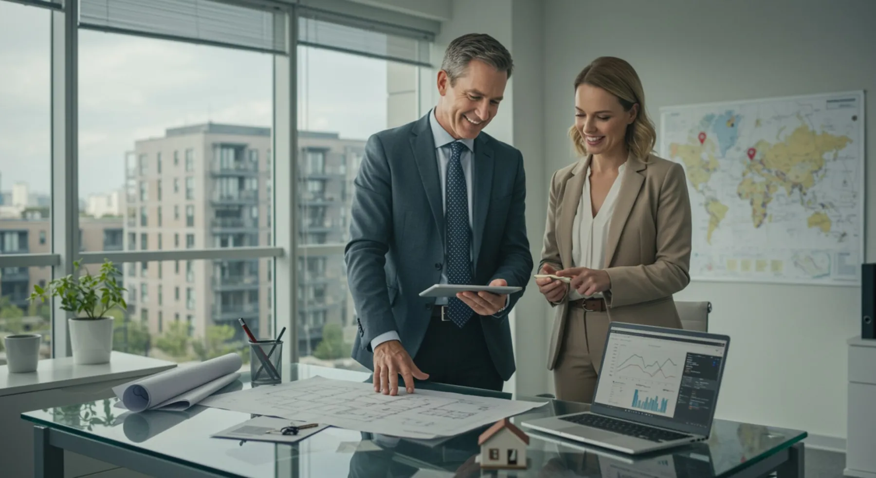 imagen26 2 "Ilustración digital de profesionales en gestión inmobiliaria en oficina moderna, destacando confianza y servicio personalizado en un ambiente luminoso."