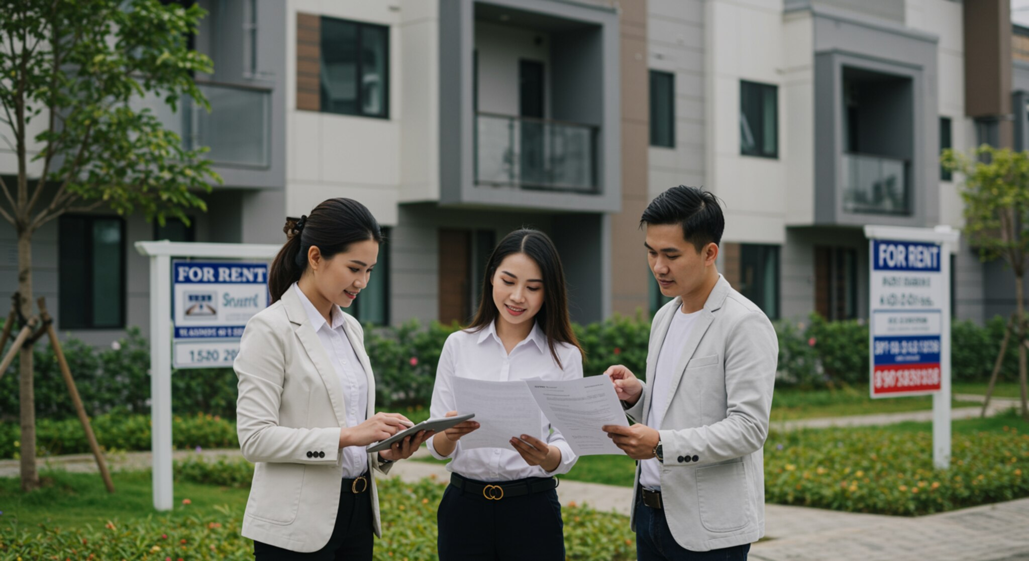 "Equipo de profesionales inmobiliarios en frente de edificios residenciales modernos, transmitiendo confianza y experiencia en gestión de propiedades."