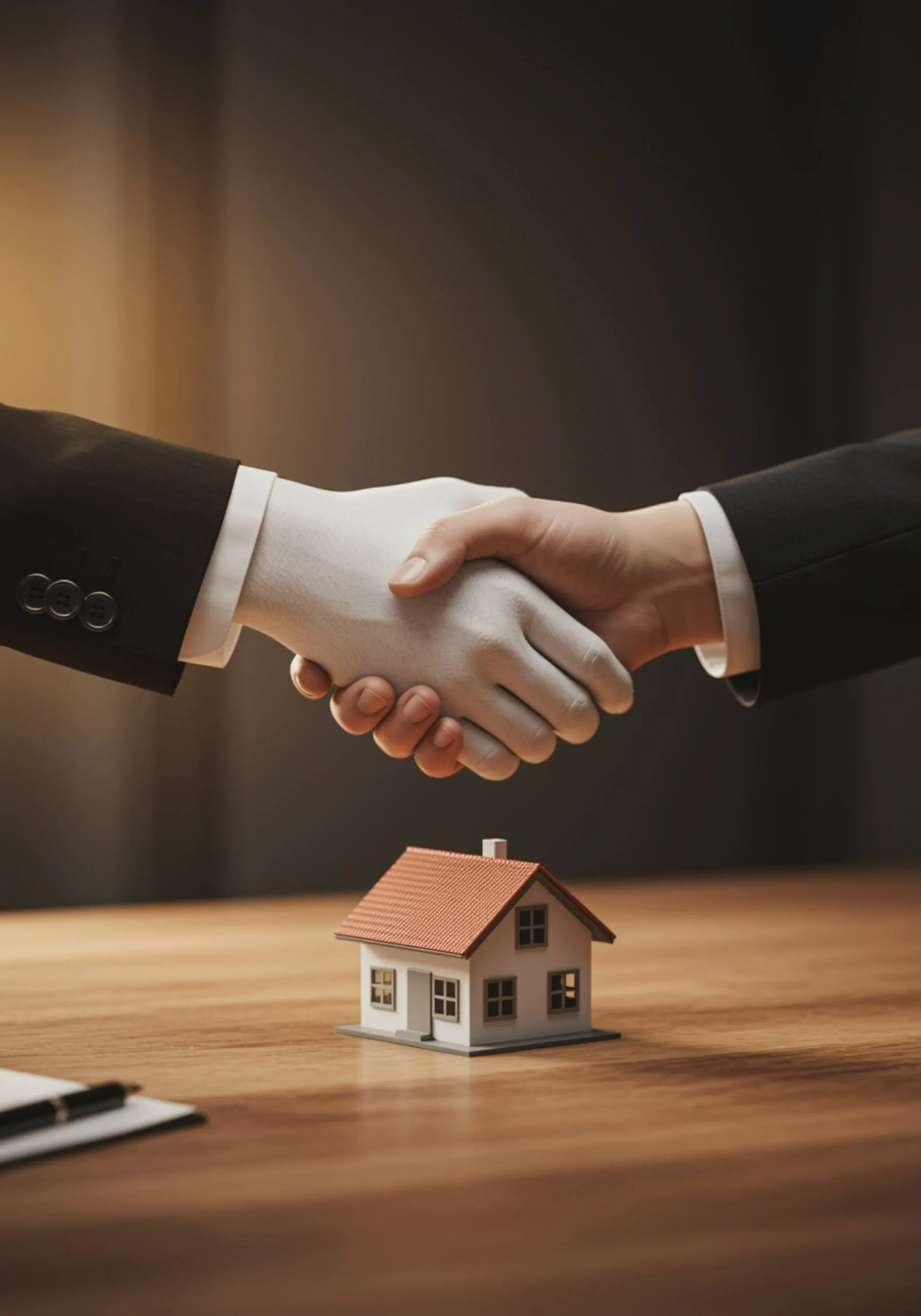 "Manos blancas estrechándose sobre un modelo de casa en una mesa de madera, simbolizando confianza y asociación en el sector inmobiliario."